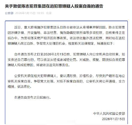 公安部：敦促陈志犯罪集团在逃嫌犯自首