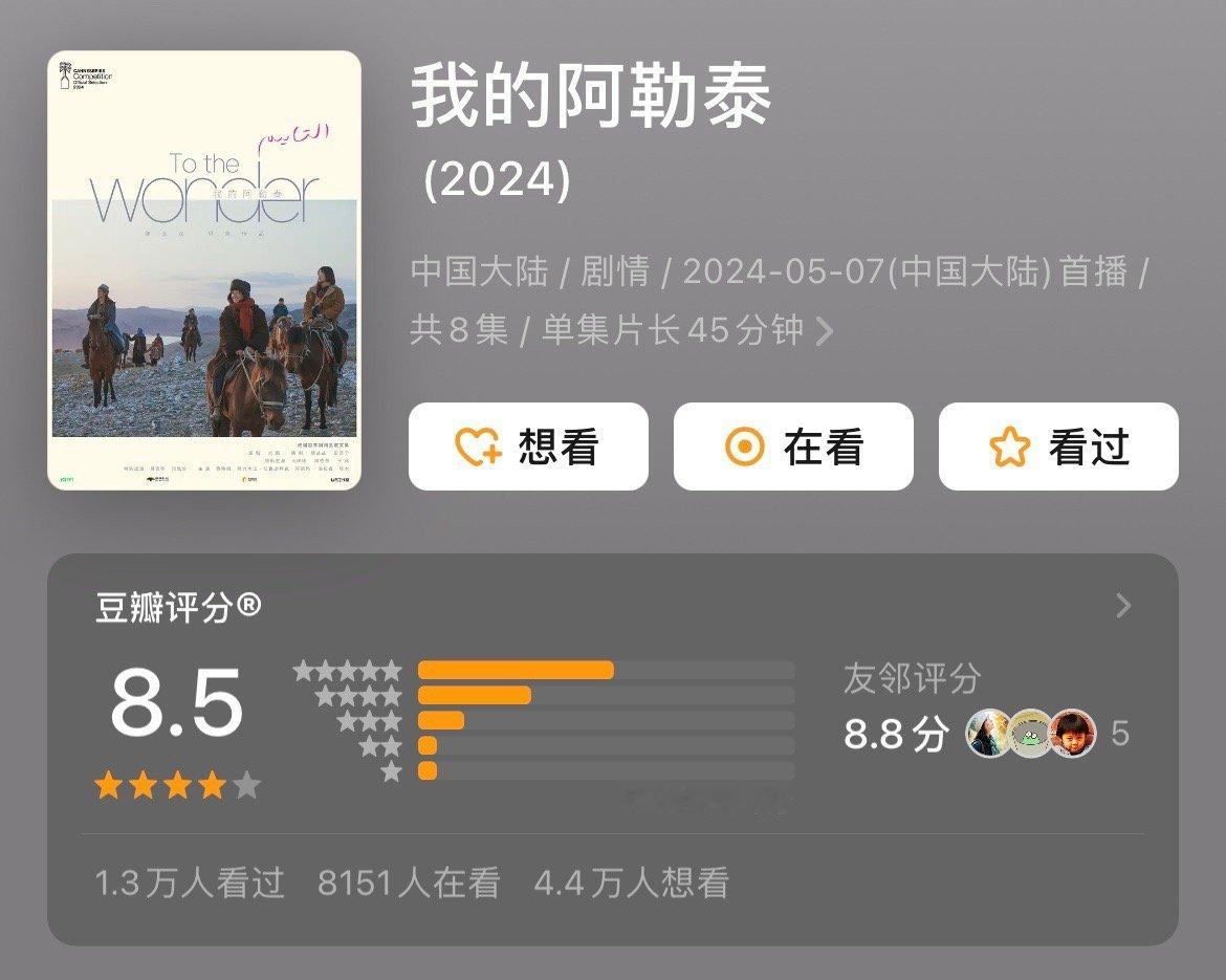 《我的阿勒泰》豆瓣开分8.5分，恭喜滕丛丛导演，恭喜马伊琍、周依然、于适等所有演