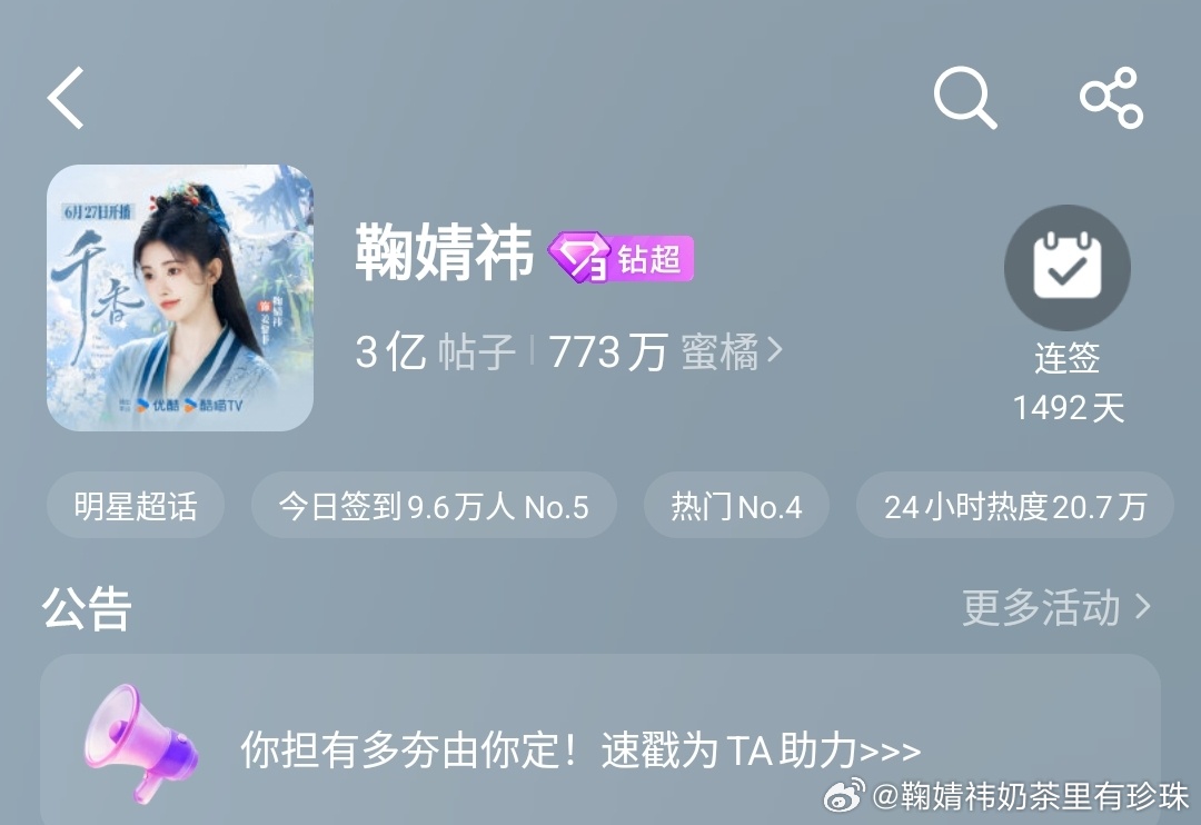 恭喜鞠婧祎超话发帖量破3亿 