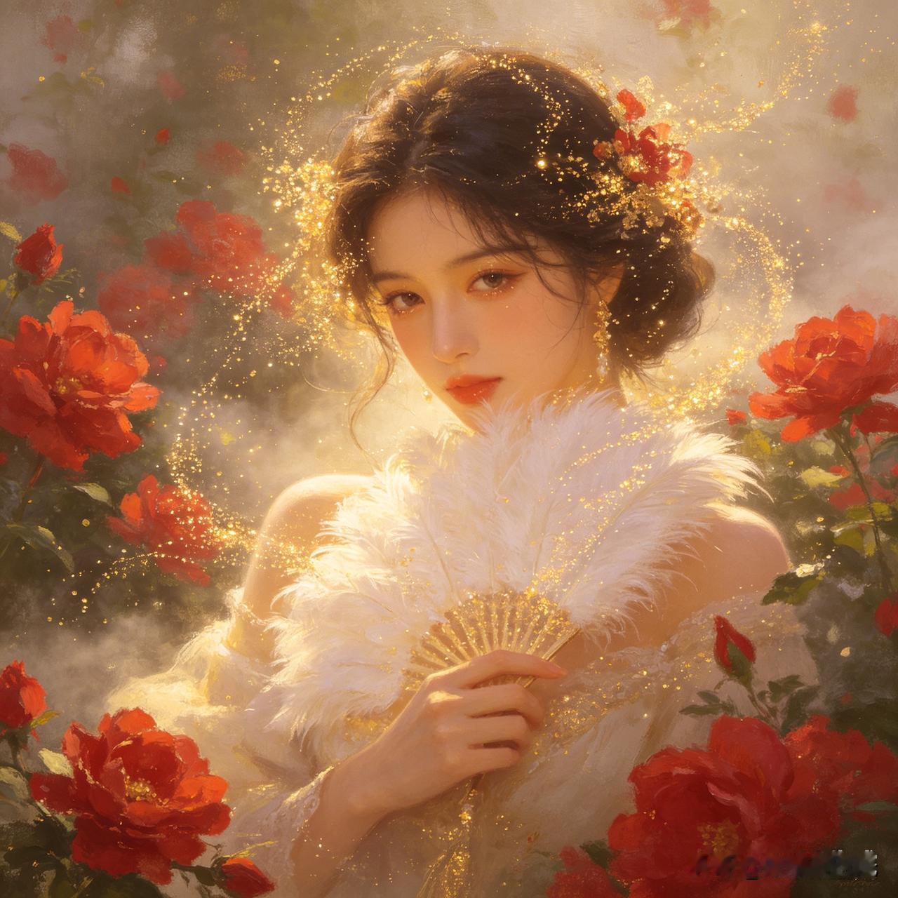 漫过花海的柔光洒落，繁花灼灼，金屑点点流转周身。女子执白羽轻扇，眉眼温柔明艳，于