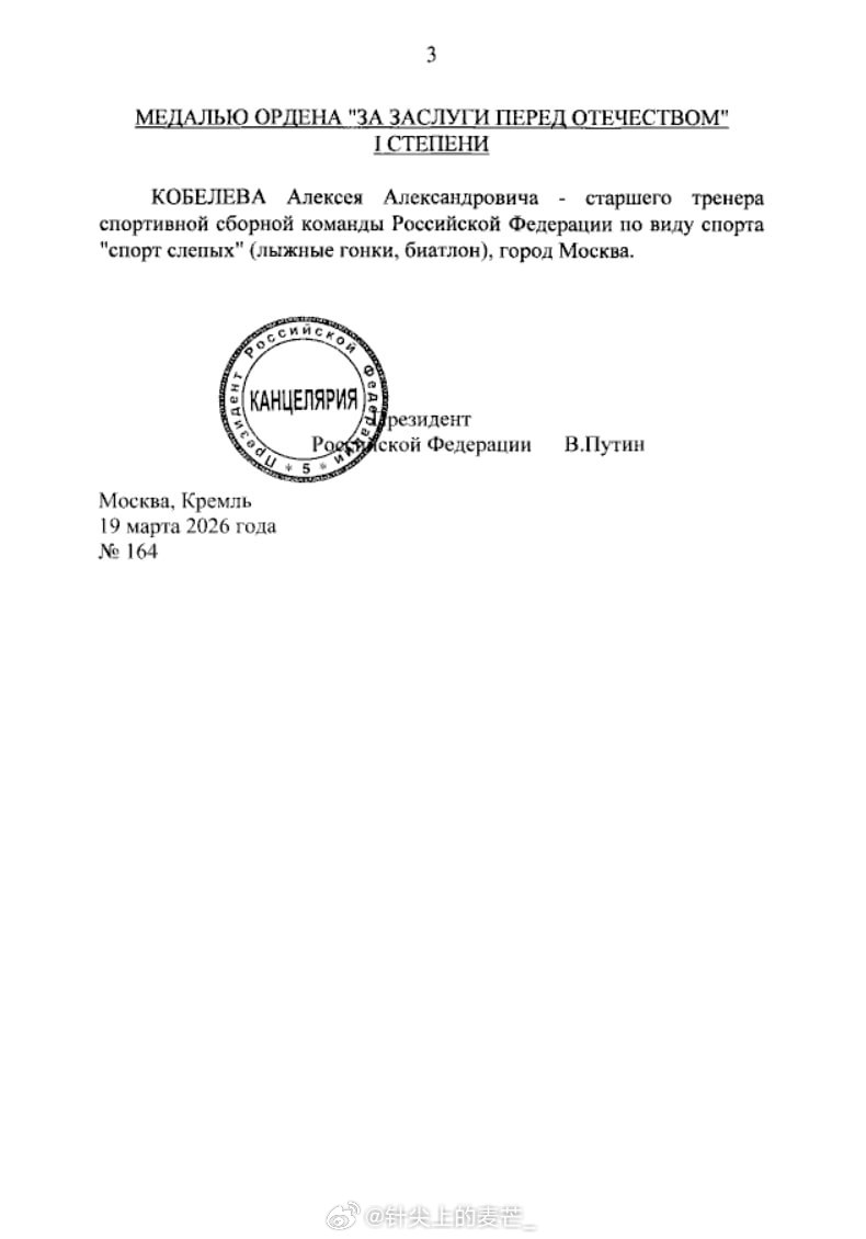 瓦洛佳小朋友  弗拉基米尔·普京授予残奥会运动员及教练员国家奖章，表彰他们在意大