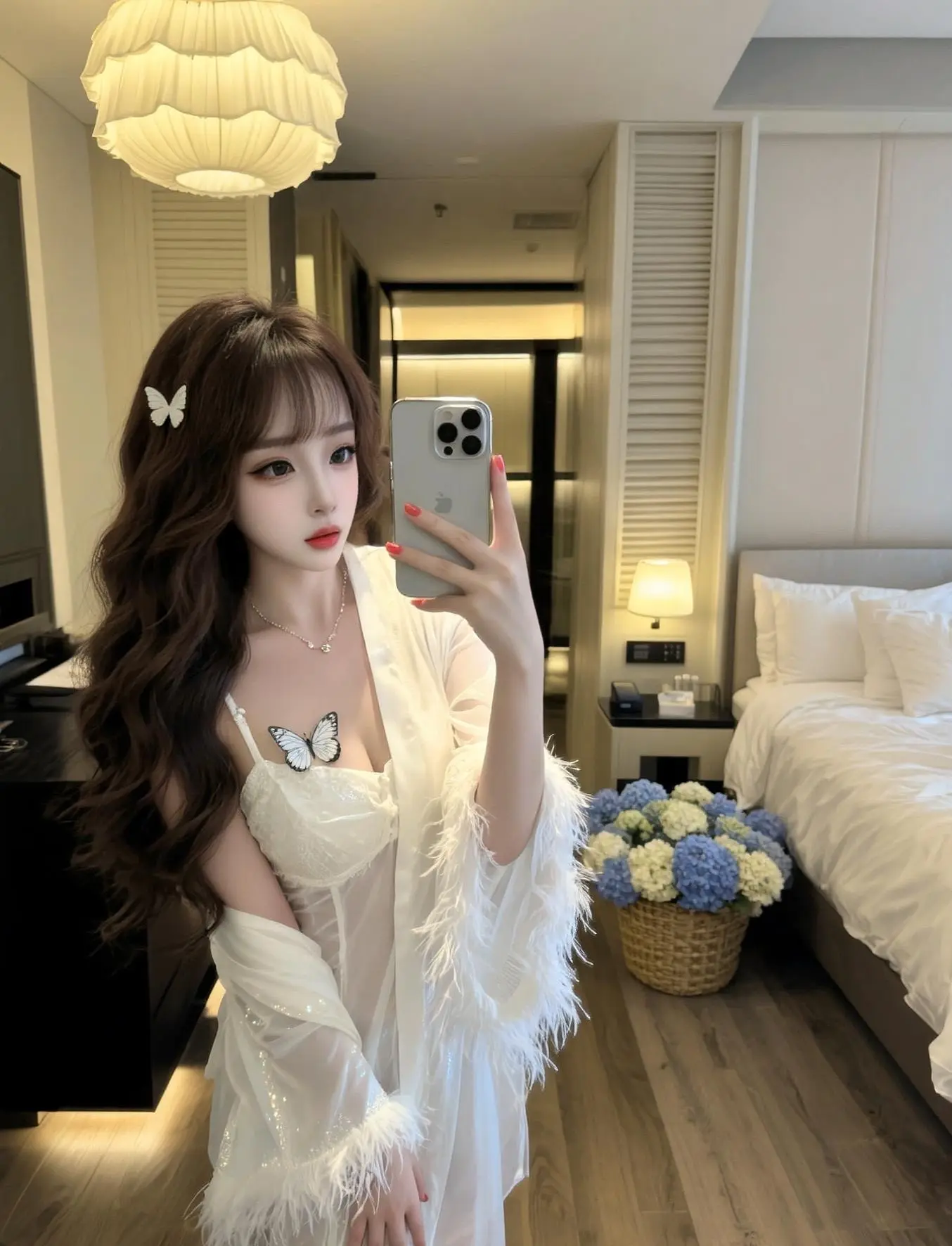 白色浴袍搭配 白色缎面v领长袖睡袍穿搭 白色蕾丝睡衣 少女心爆棚 纯欲风睡袍