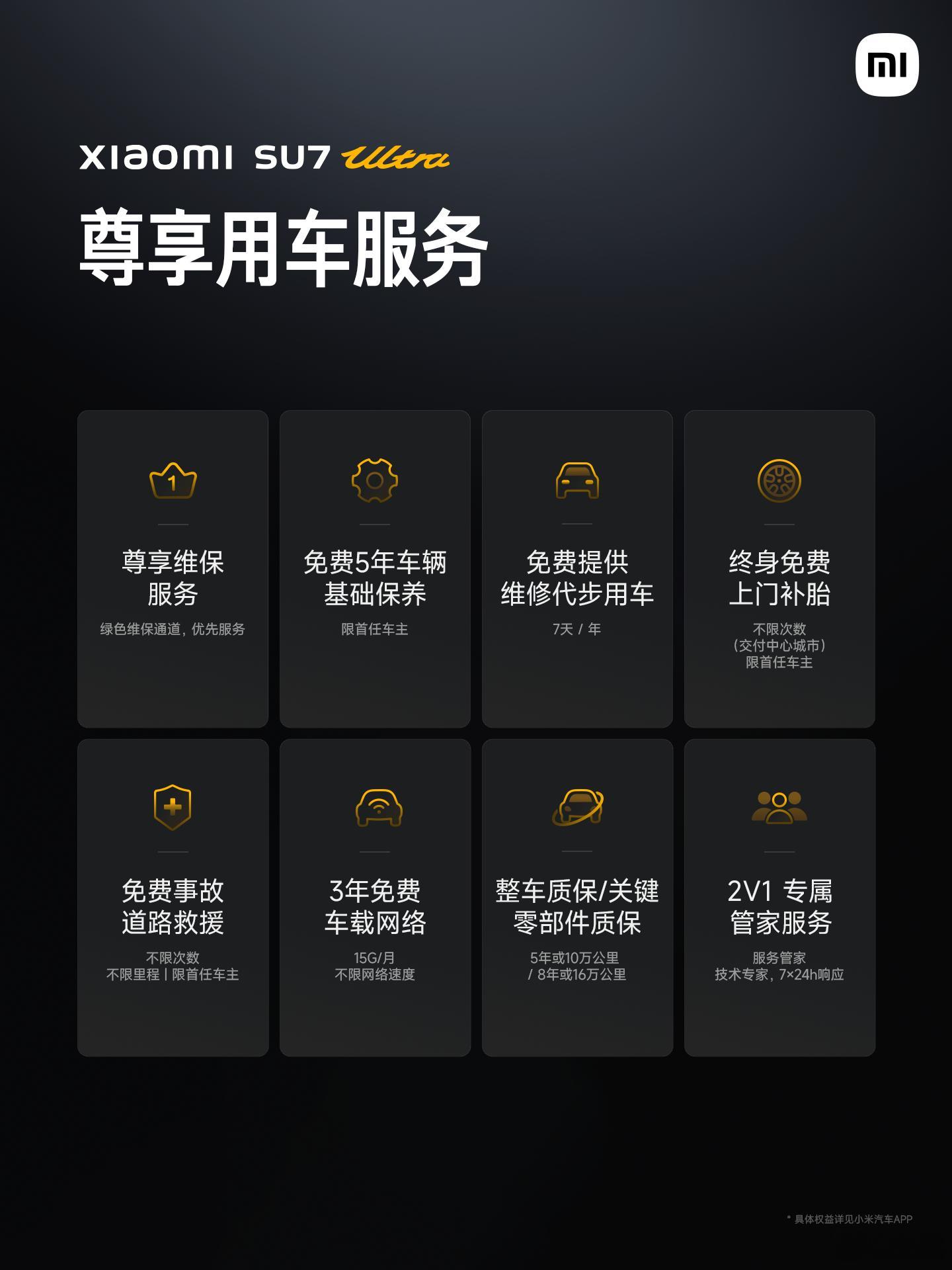 小米SU7Ultra  车主专享权益：①八项尊享用车服务：尊享维保服务，免费5年