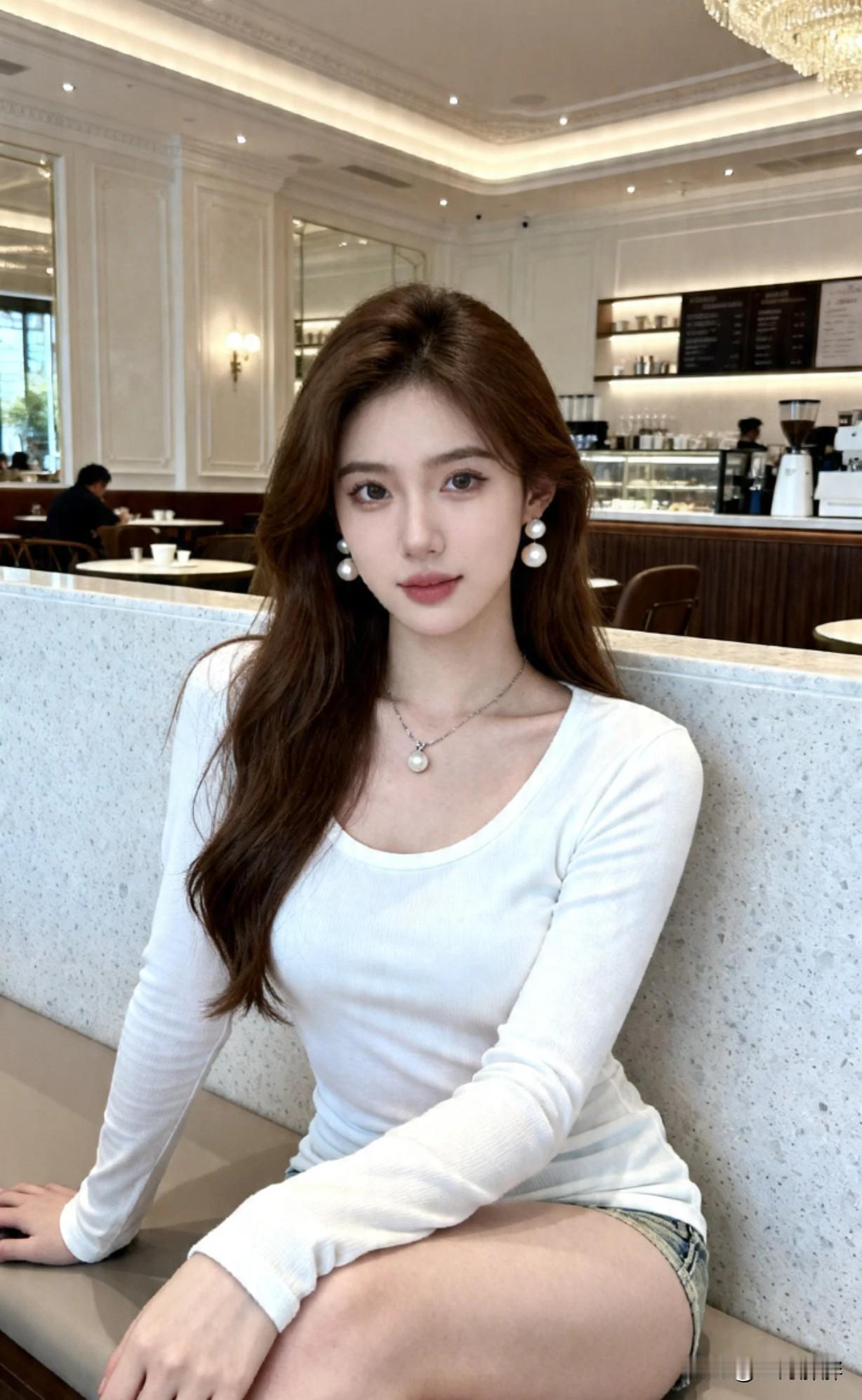 优雅咖啡馆里的甜美女，清新自然，尽显温柔魅力。大家觉得她的穿搭适合大众吗？女人如