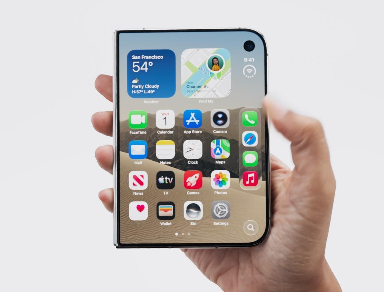 iPhone Duo外屏单挖孔，内屏屏下摄像头，位置偏右，状态栏、底部导航栏都归
