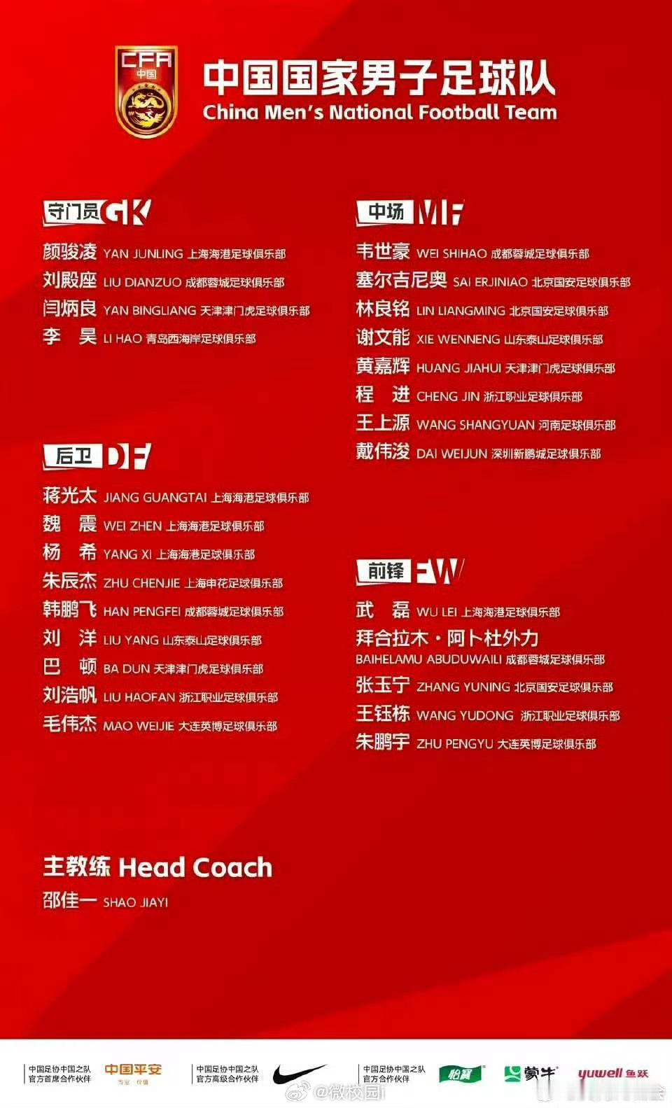 泰山队仅两人入选国足集训队 5月28日晚，由邵佳一带领的中国国家足球队公布了6月