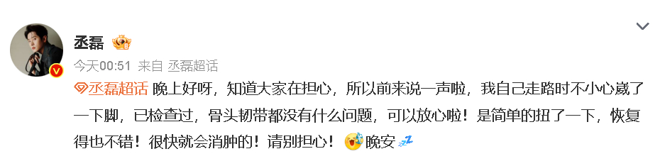 丞磊发博报平安 “我自己走路时不小心崴了一下脚，已检查过，骨头韧带都没有什么问题