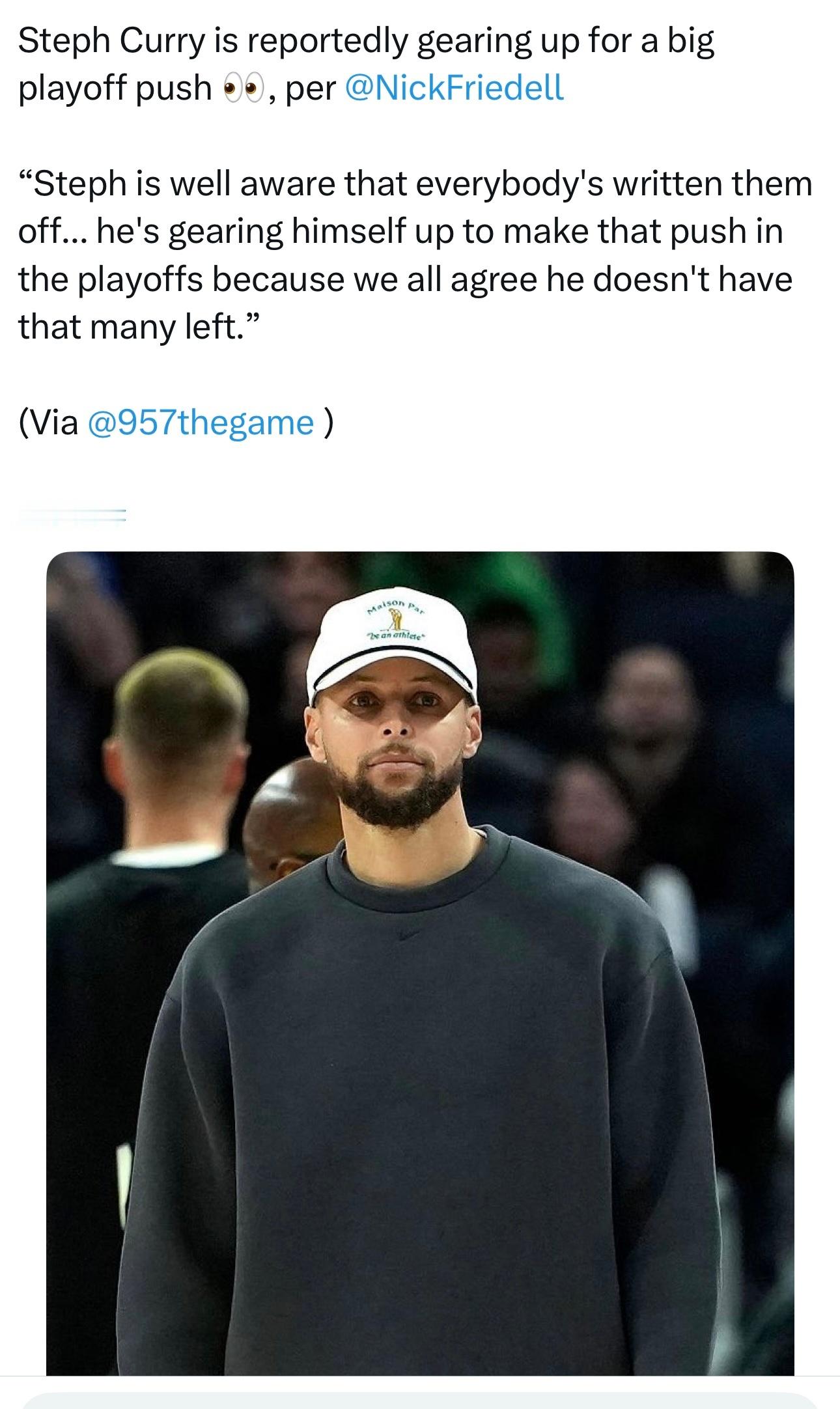 据报道，库里准备向季后赛发起猛烈冲击，他清楚勇士不被看好，已经为季后赛做足了准备