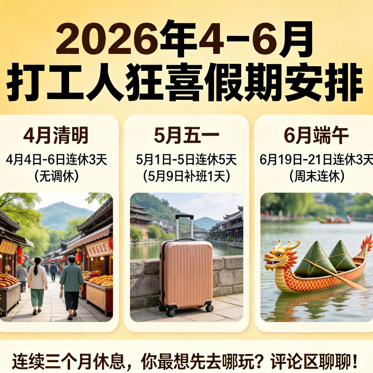 打工人狂喜！2026年4到6月，每个月都有假，不用熬大夜补班，这波假期安排直接拉