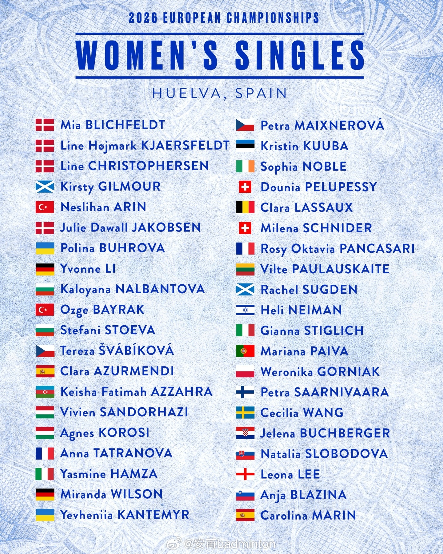 重磅！马林获家乡欧锦赛外卡🔥西班牙🇪🇸名将卡罗琳娜·马林拿到2026欧洲羽