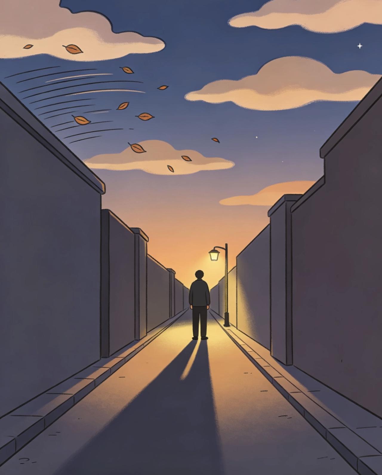 晚风来信

黄昏把影子拉得很长
云朵慢下来，贴着屋顶流浪
风穿过巷口
捎来几片落