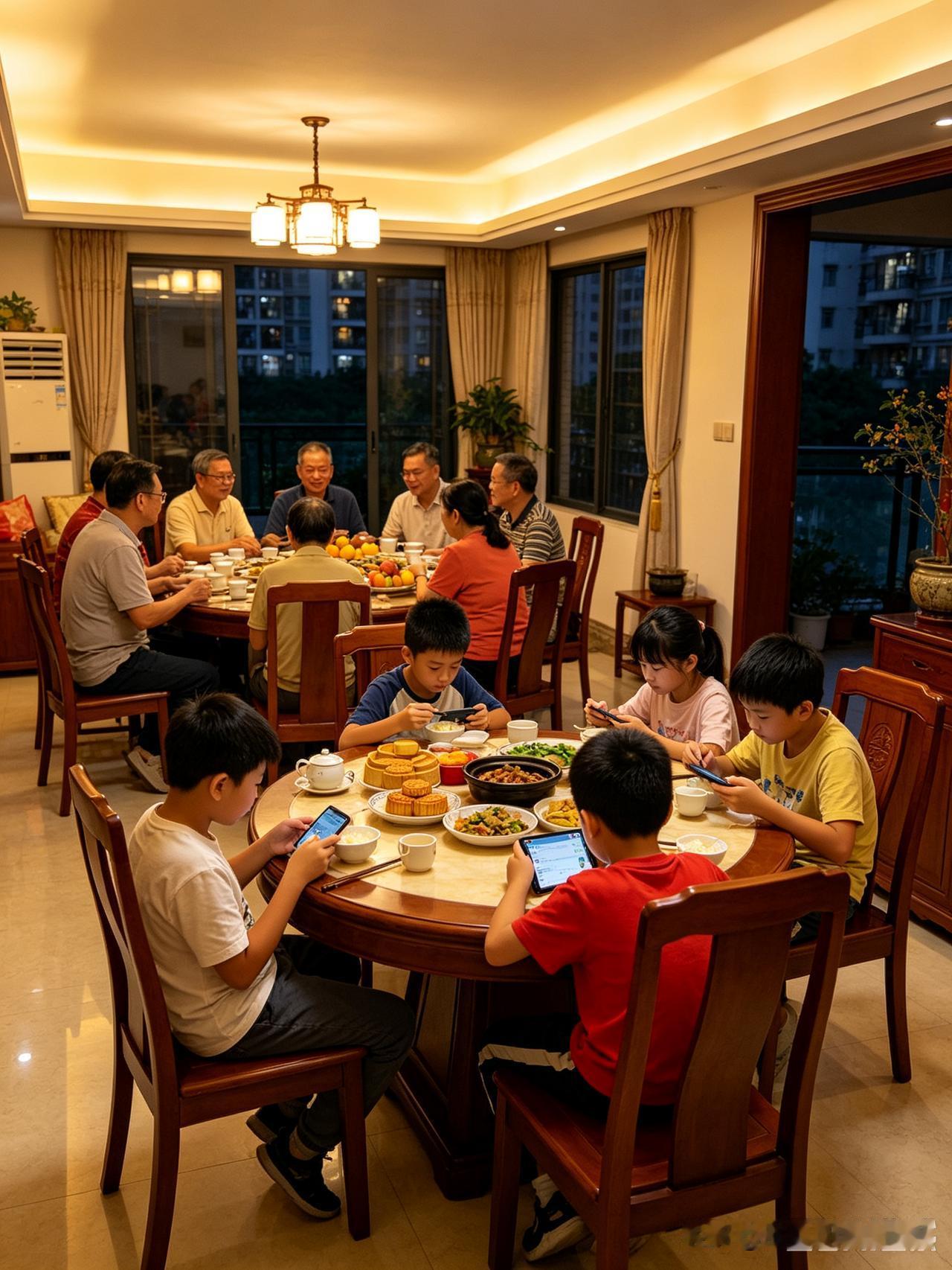 昨晚，广州的亲戚们在中秋节前聚会，大人一桌，小孩一桌。

大人在餐前餐中餐后开心