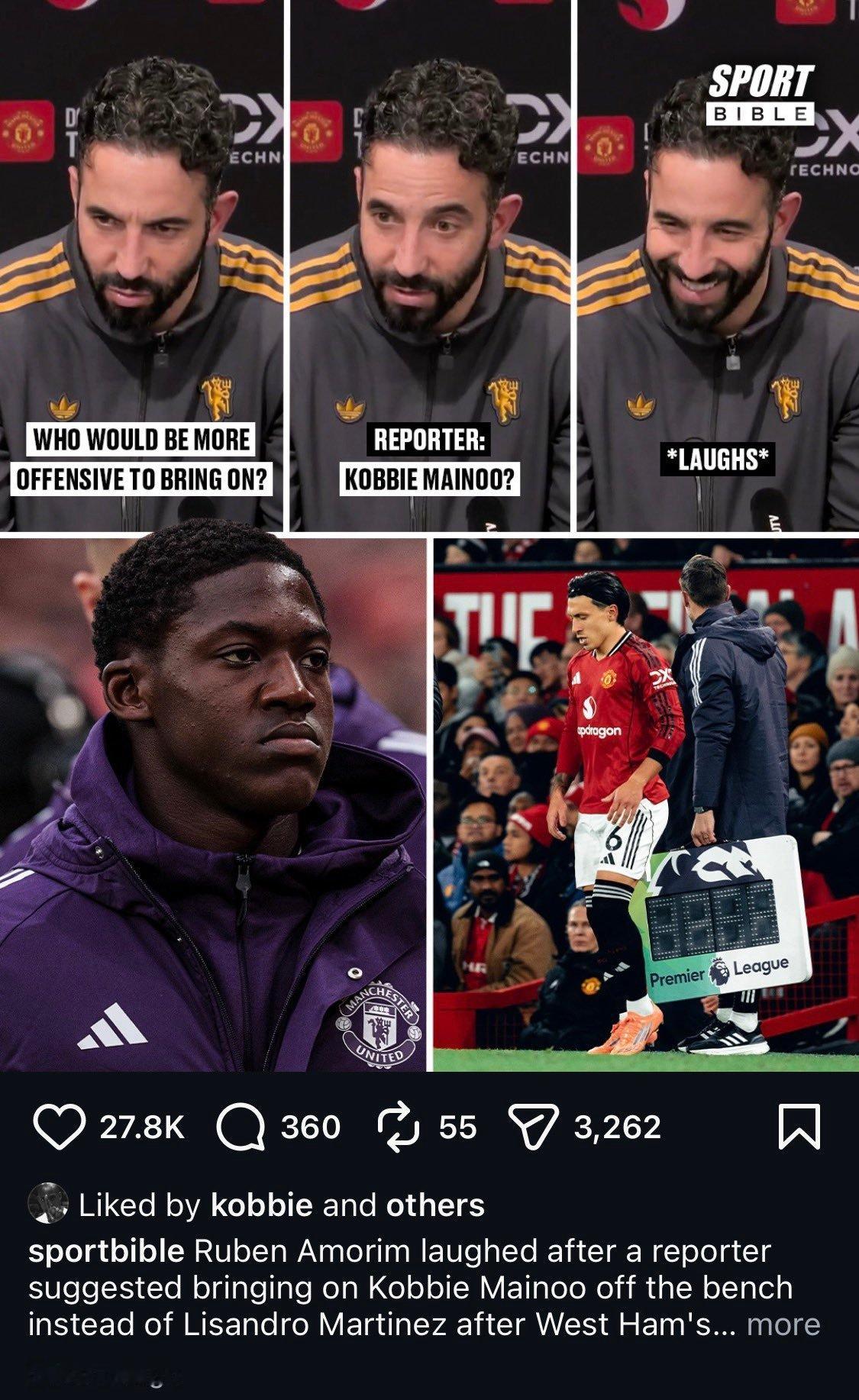 曼联英超 “不知道先生”鲁本阿莫林关于mainoo的问题正在外网形成一个中心话题