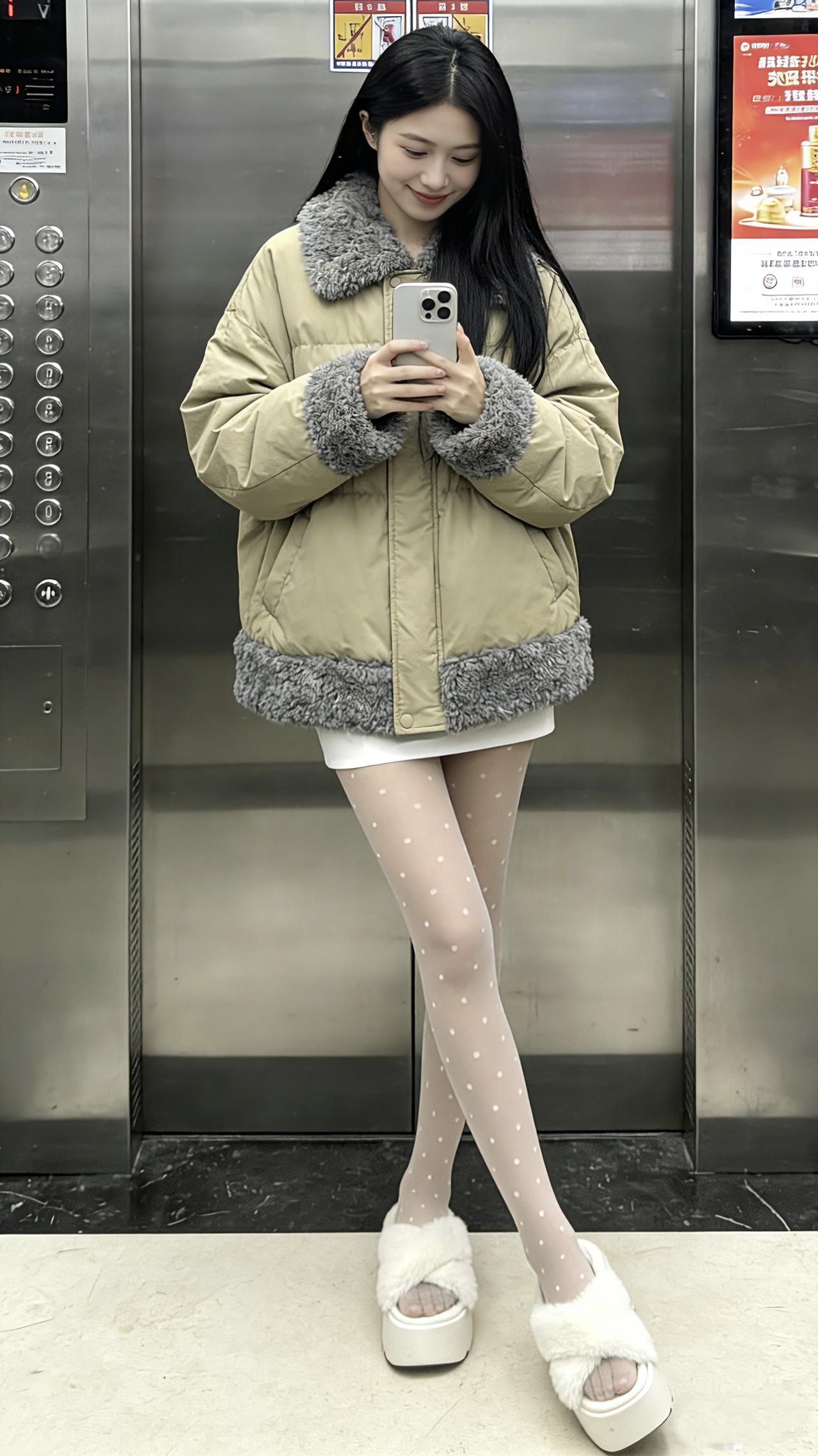电梯拍照冬季穿搭 丝袜穿搭 辣妹穿搭 日常穿搭分享