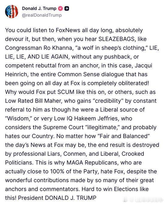 特朗普刚刚对Fox News开火，称它已被一群卑鄙小人“彻底毁掉”了。他点名提到