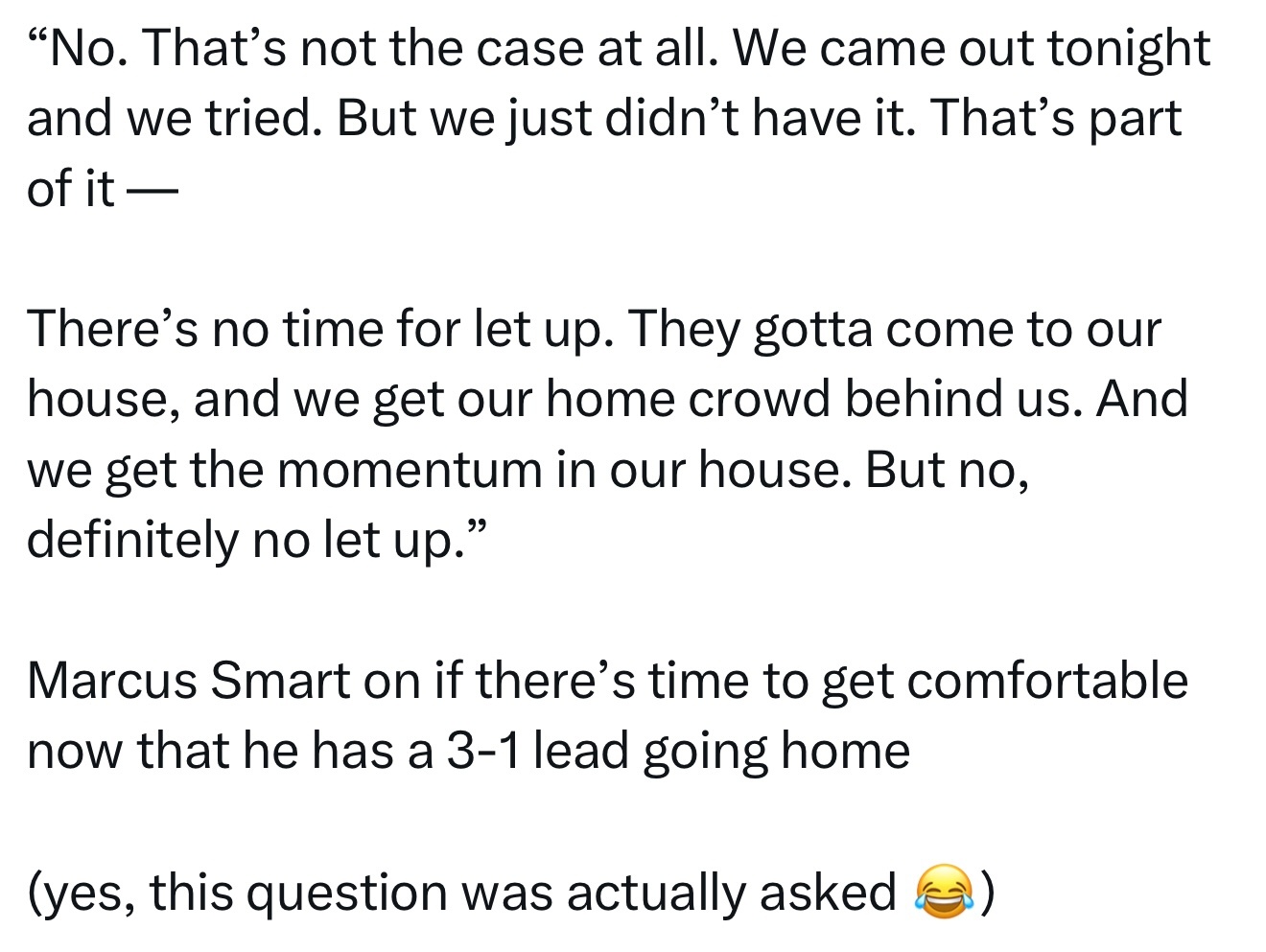 斯马特被问到手握3-1领先回到主场是否可以放松：“不，完全不是这样。我们今晚打出