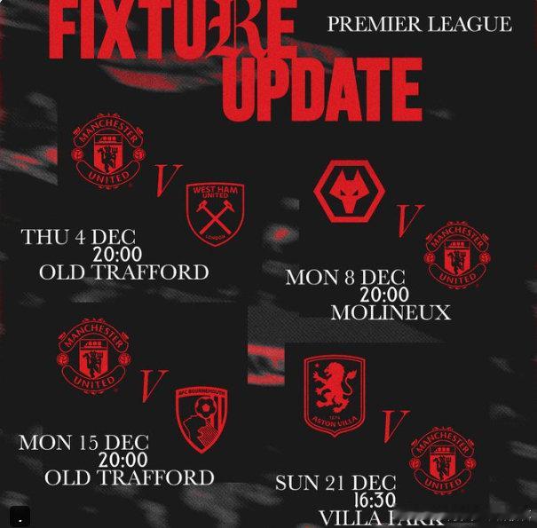 ⏰曼联官方公布了12月前四场（圣诞快车赛程之前）英超比赛时间其中凌晨四点三场，对