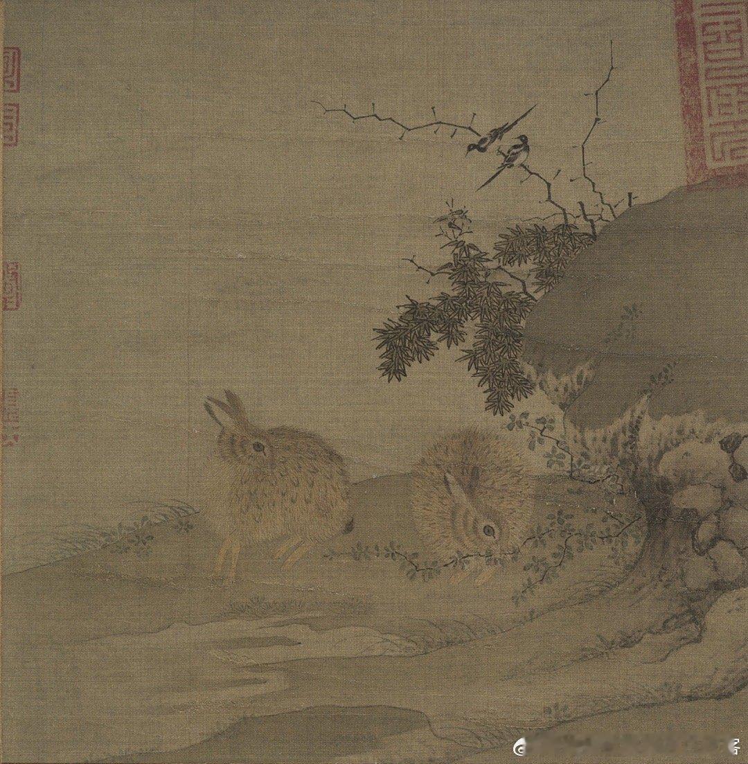 #中秋节#  除了#月亮# 还得有🐰兔子。宋 李永《喜鹊野兔图》 描绘的是深秋
