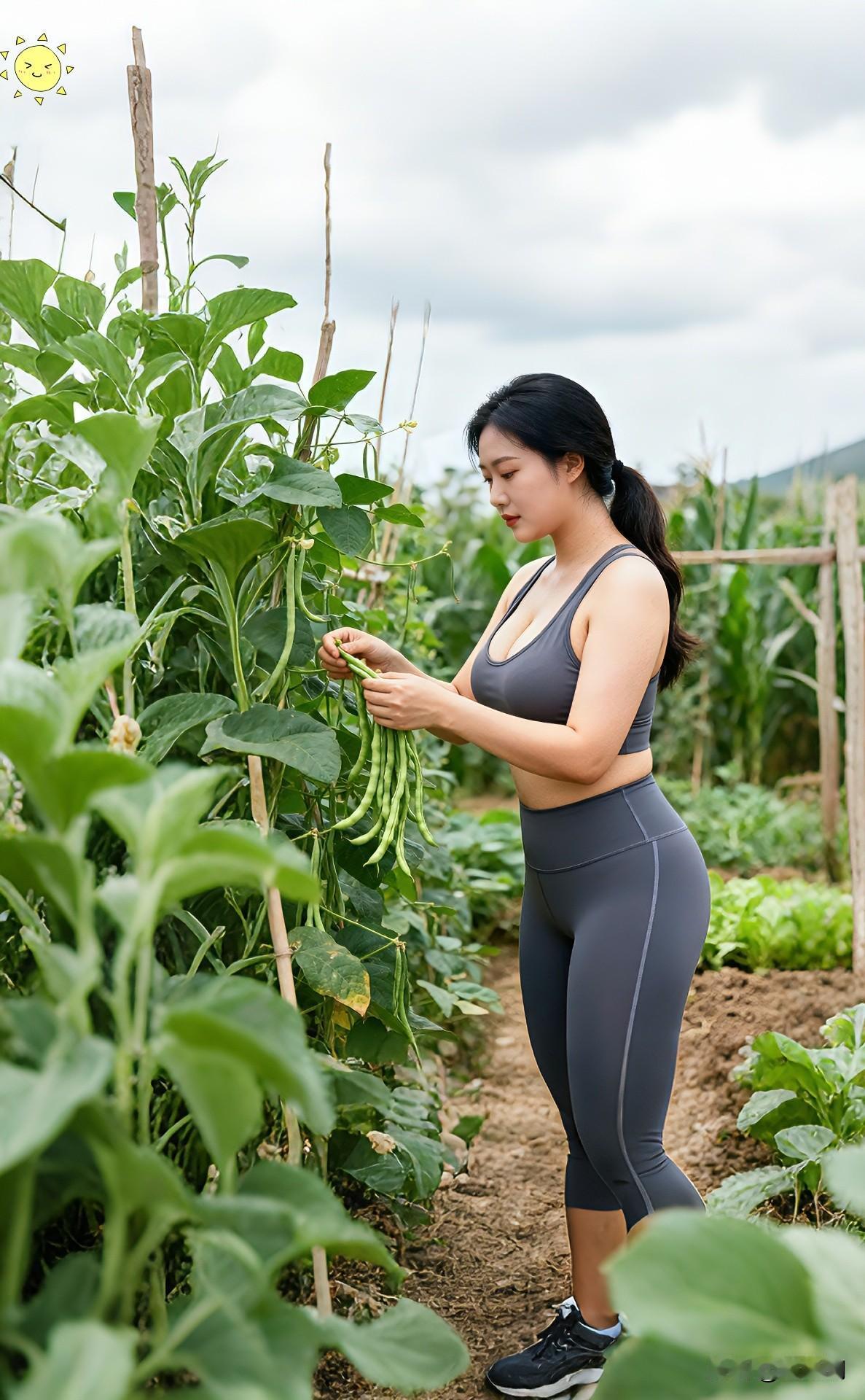城里回来的妹子，掐个豆角都这么好看。田园里的豆角 菜园里的女人 农村大姐自拍
