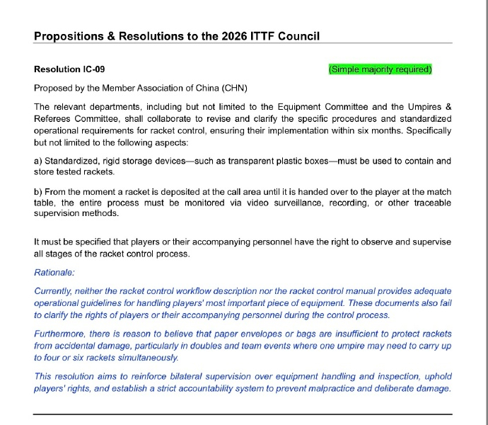中国乒协提案球拍管控标准化由中国乒乓球协会提交给2026年国际乒联理事会的提案与