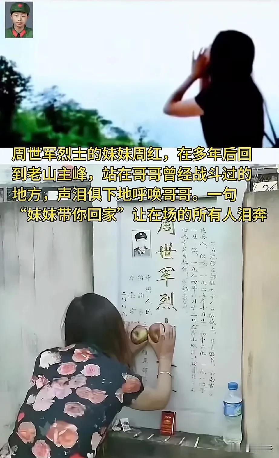 “哥哥，妹妹带你回家！”
周世军烈士的妹妹周红，在多年后回到老山主峰，站在哥哥曾