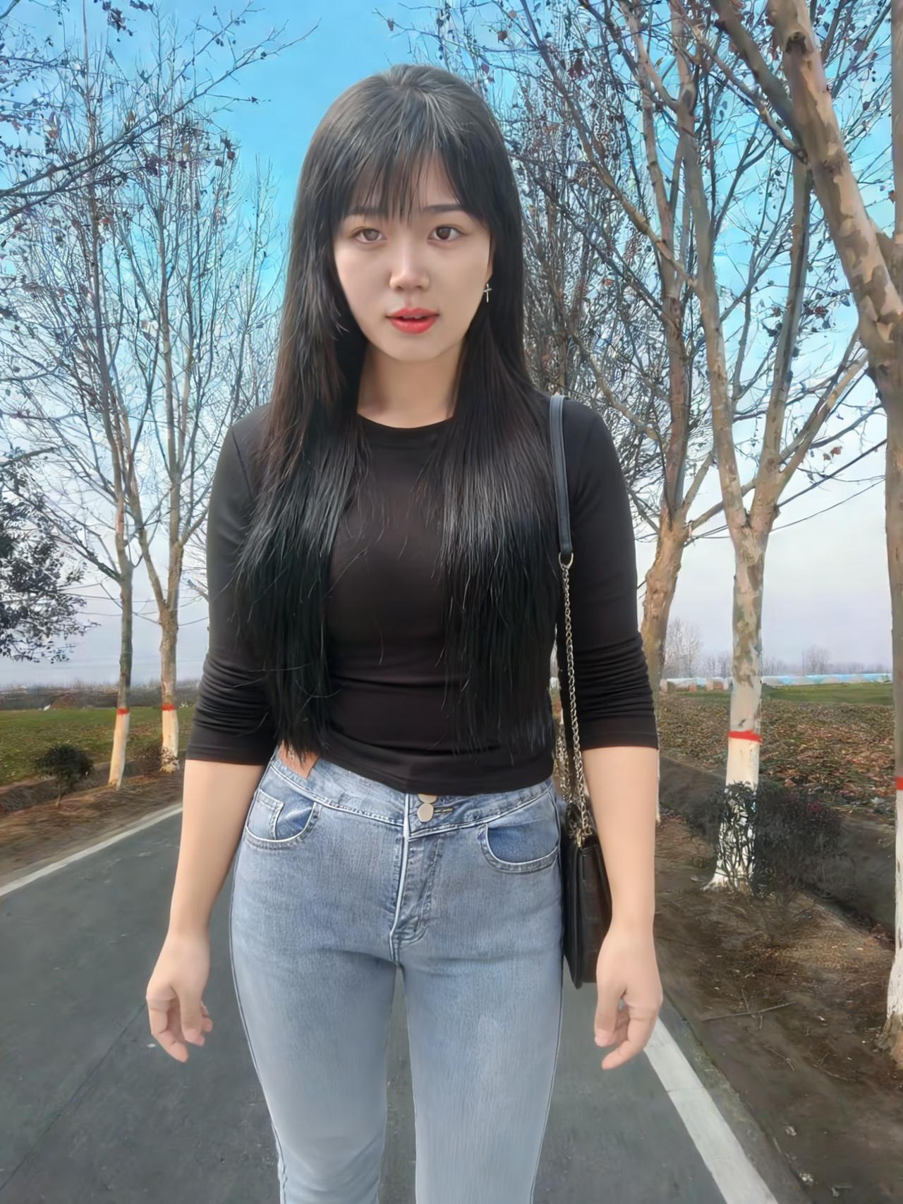 黑衫裹着风，从村口的土路漫向石桥
牛仔裤的蓝，是未褪尽的乡野底色
长发垂落，像一