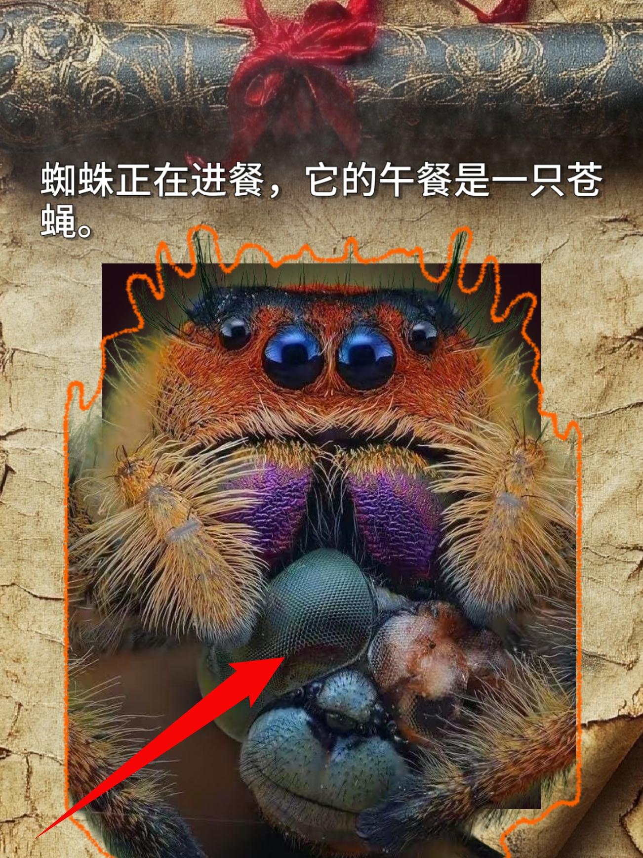 蜘蛛正在进餐，它的午餐是一只苍蝇。