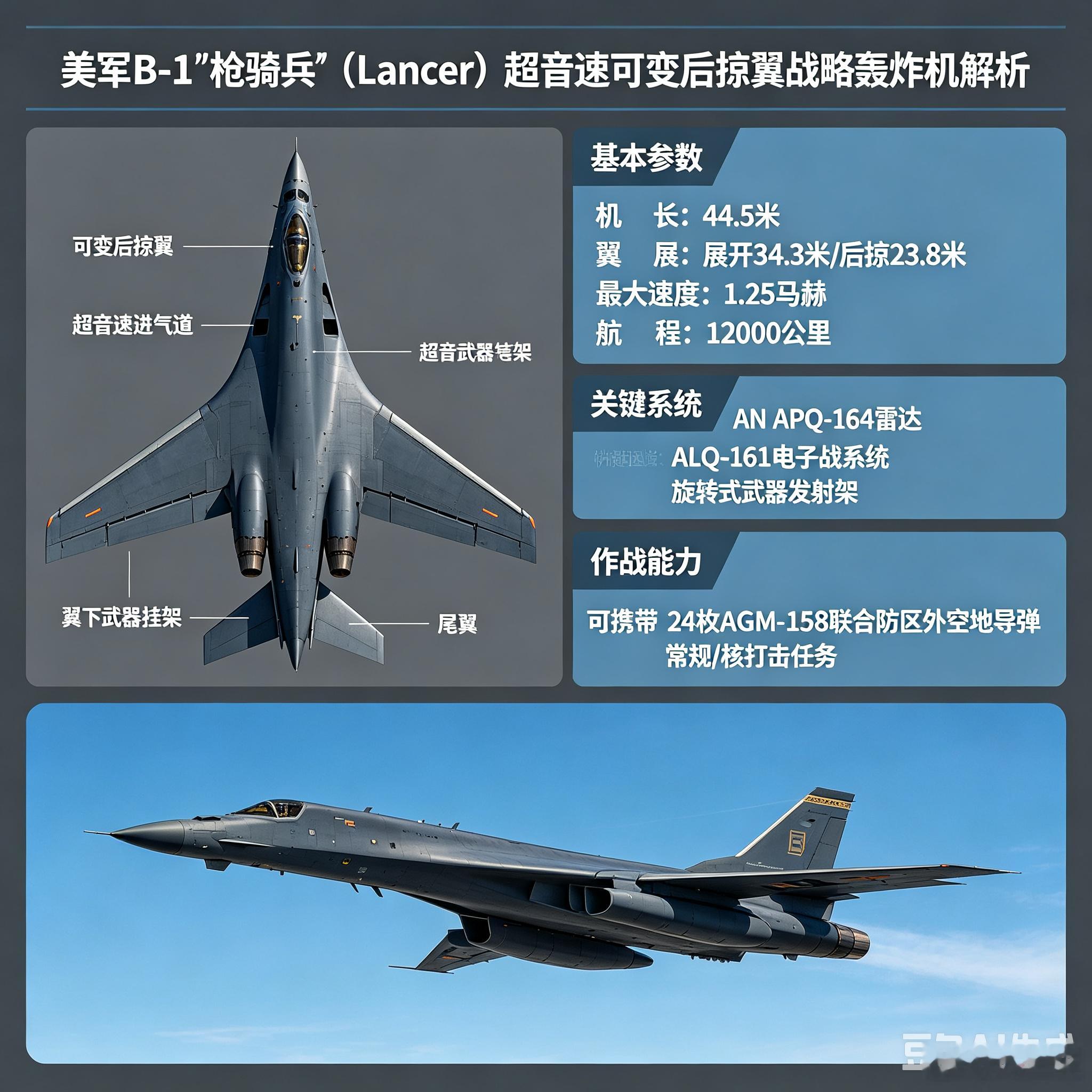 军事ai新视野 美军B‑1B“枪骑兵”（Lancer）超音速可变后掠翼战略轰炸机