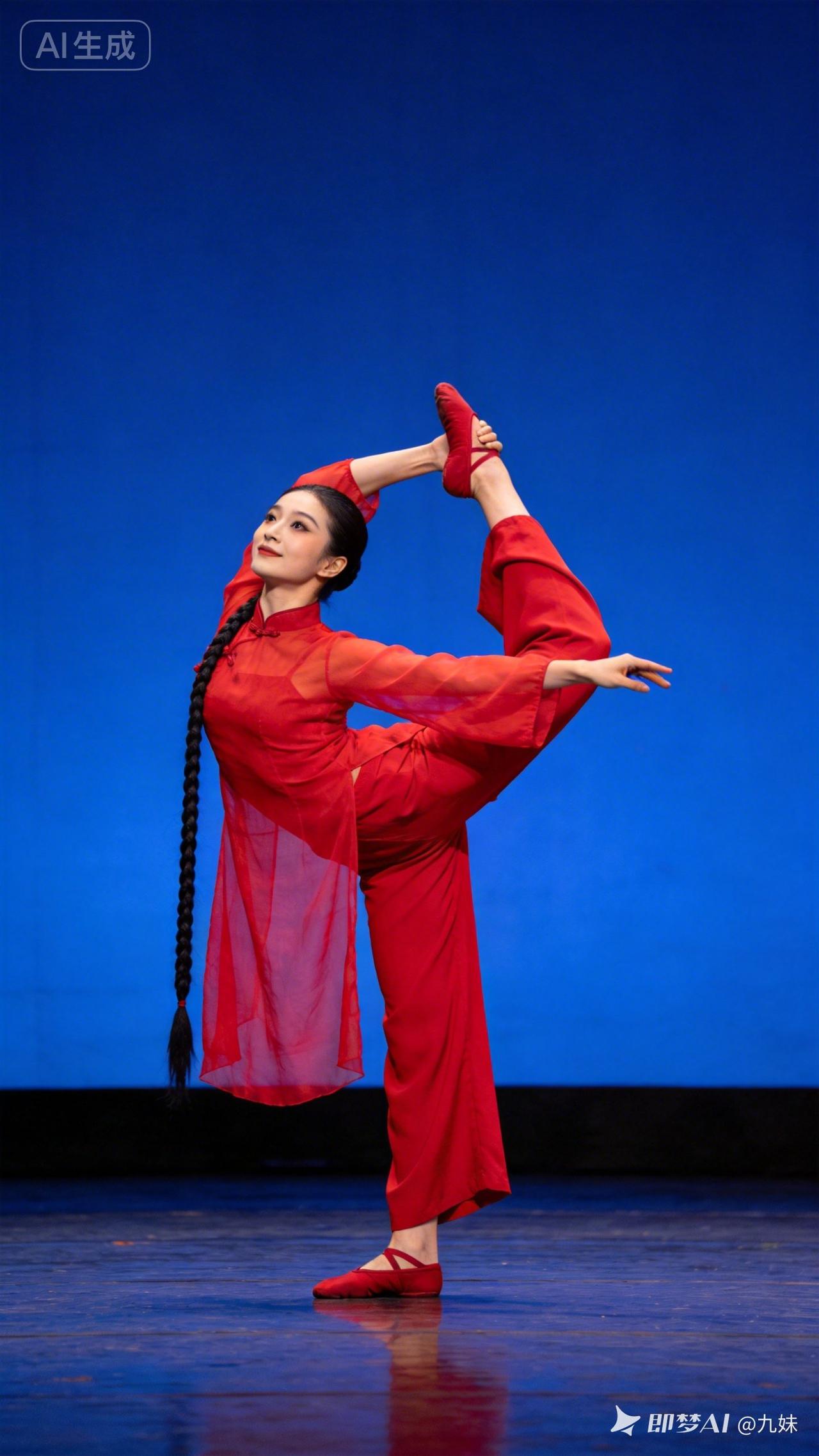 舞女身着红色坠感雪纺中式衣与同色系阔腿裤，脚踩同色系舞鞋，呈金鸡独立经典芭蕾舞姿