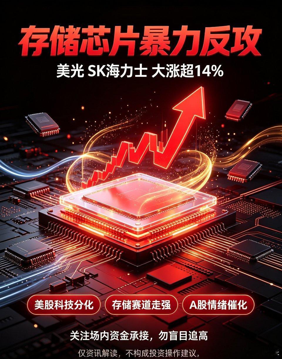 隔夜美股科技板块分化剧烈！存储芯片上演暴力反攻🔥从盘面清晰看到：美光、SK海力