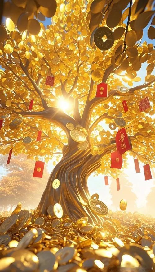 摇钱树下，金银满屋；吉祥如意，福运亨通。愿你的日子如这摇钱树般茂盛，财富与幸福随