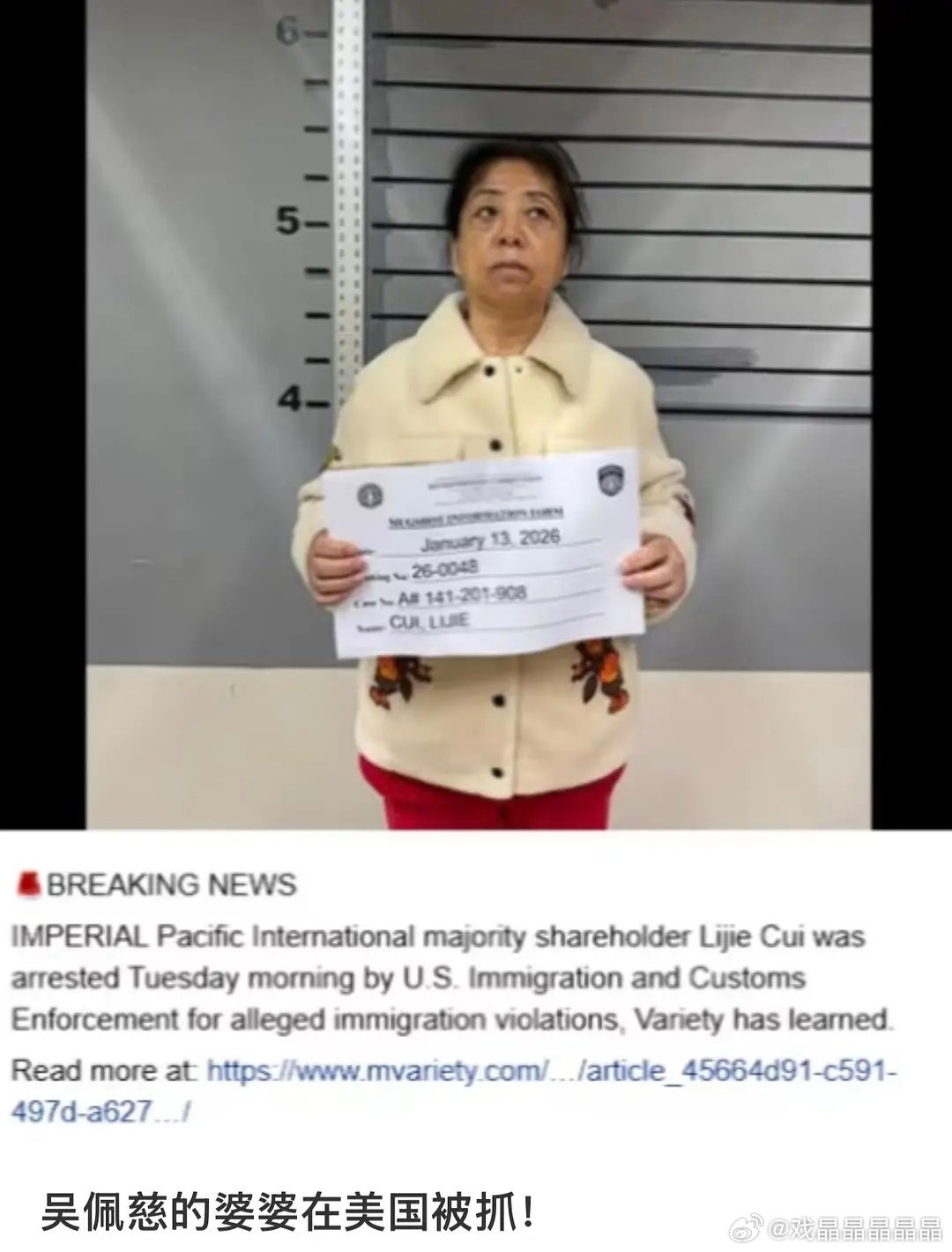 吴佩慈婆婆在美国被抓了，涉嫌违反移民法。 