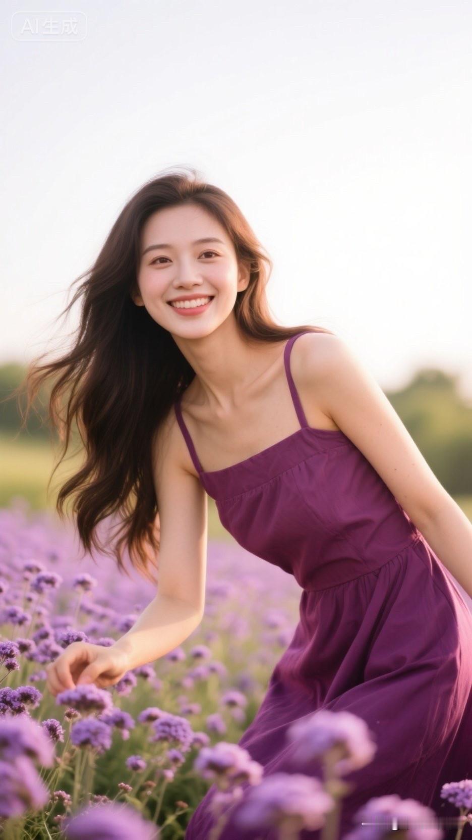 紫色花海中的甜美少女，阳光洒满笑颜