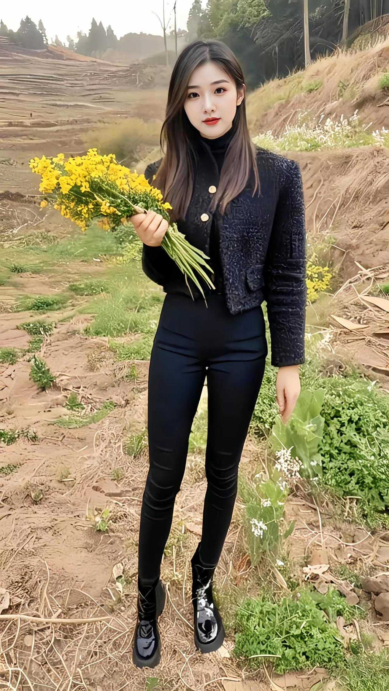 田园风穿搭指南：黑衣少女与野花