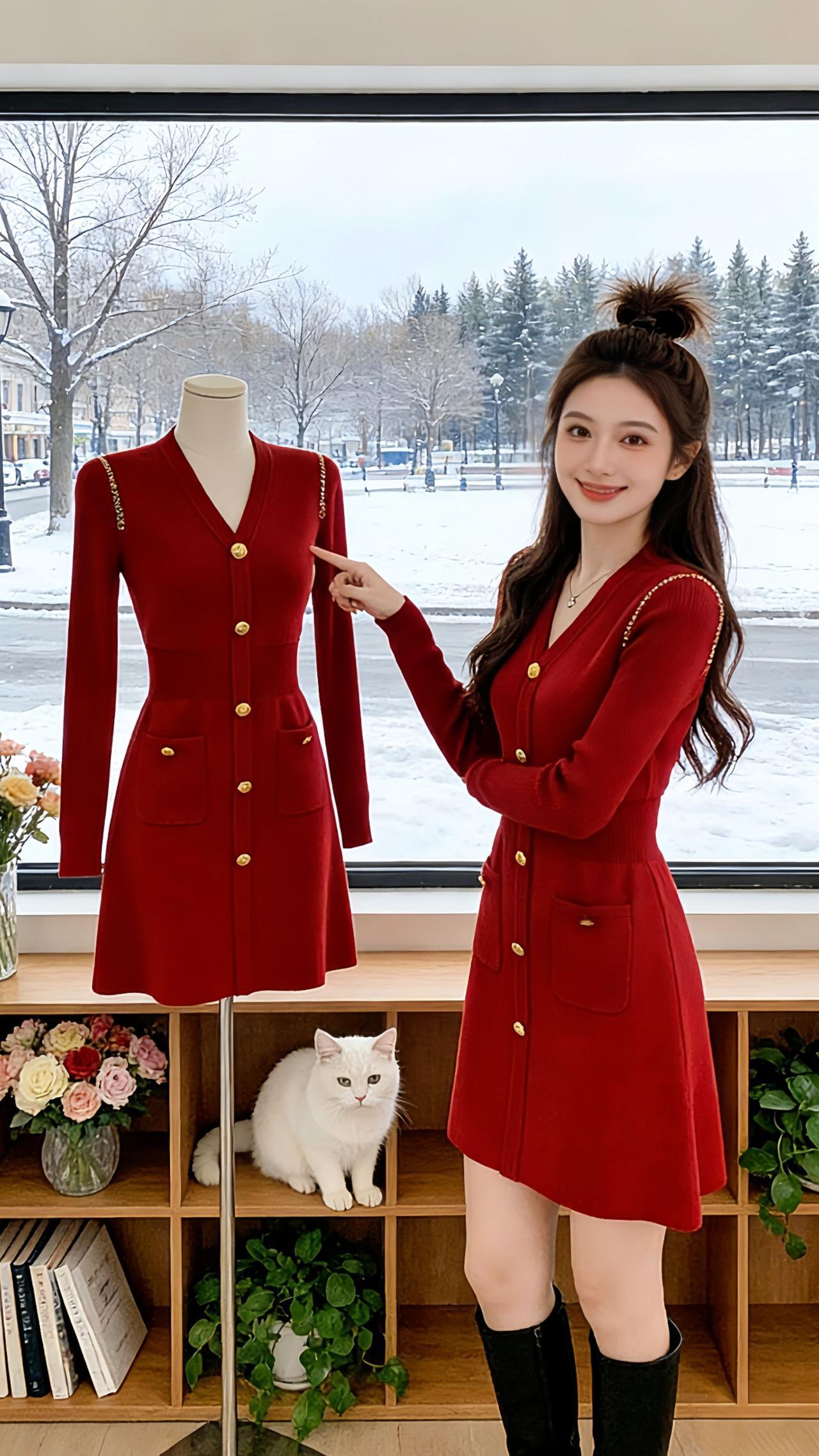 《红裙赴冬日之约》
Danny的冬日穿搭里，这件小香风V领针织红裙太戳心了！半扎