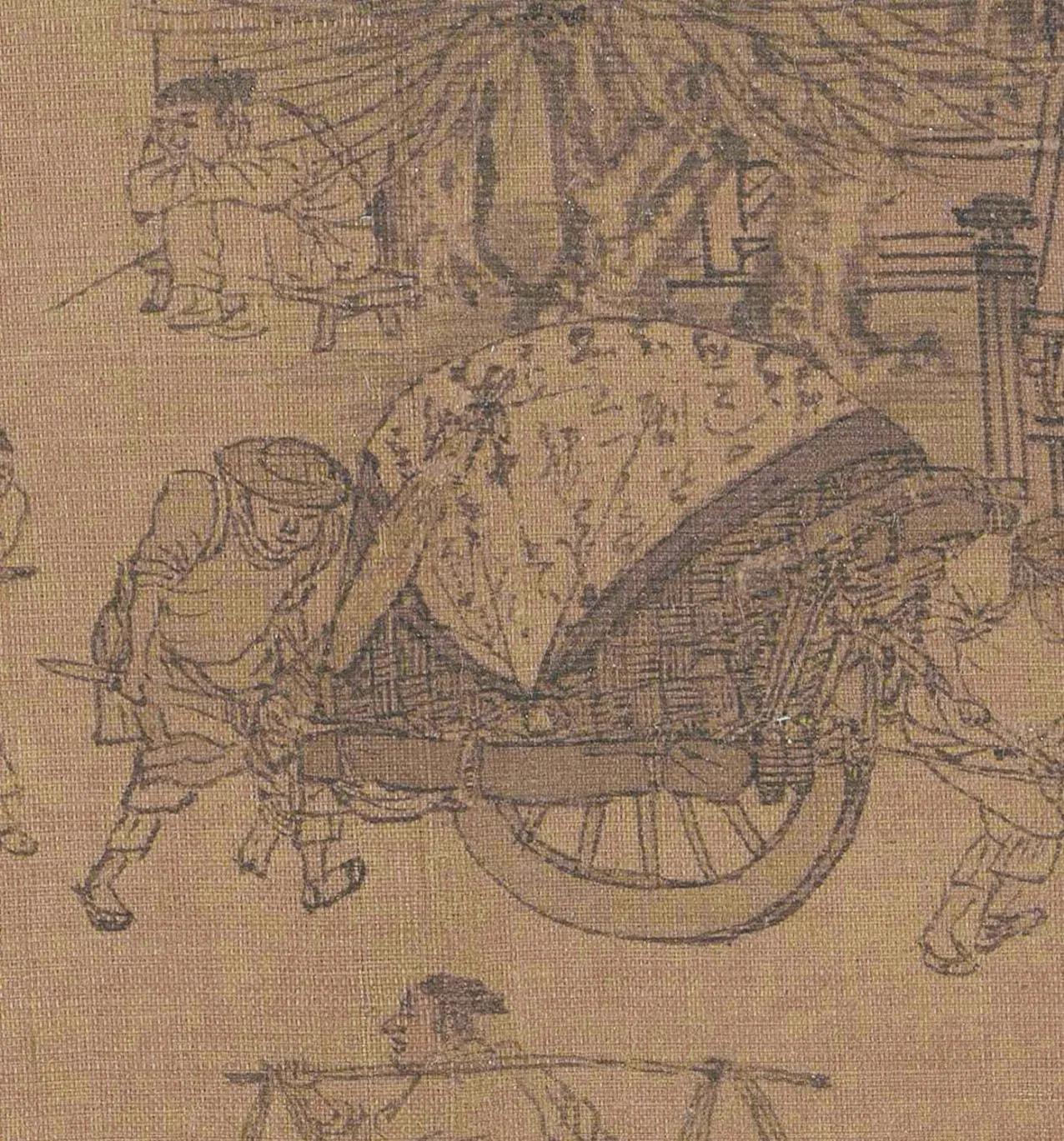 《清明上河图》中共有两组把书法屏风当成独轮车的苫布，有人认为这是元祜党人案的一种