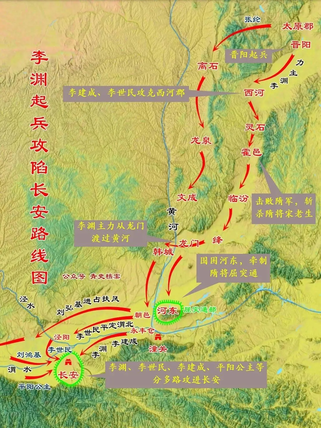 图解隋末李渊起兵攻陷长安路线。隋末天下群雄并起，李渊于公元617年在晋...