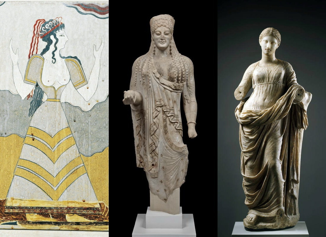 古希腊女装从爱琴文明→古风时代→古典时代的形态演变。虽然我们熟悉的古典时代服装那