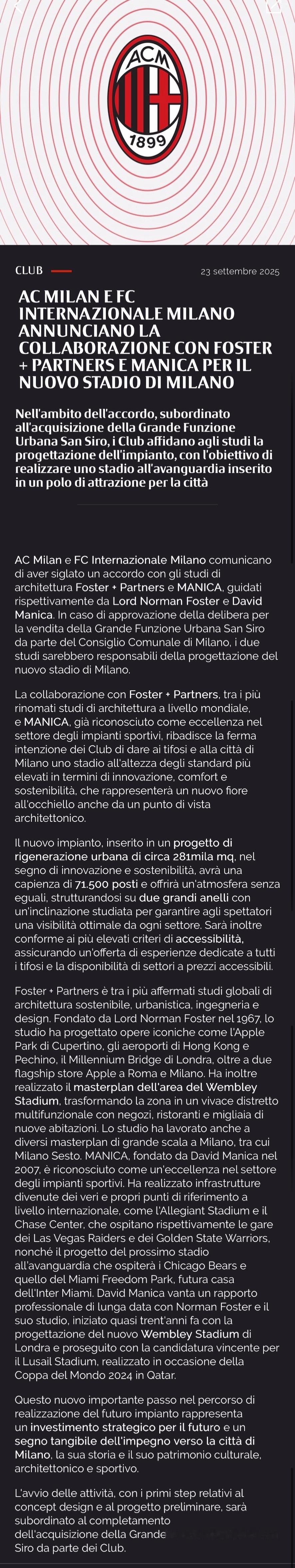 AC米兰与国际米兰宣布与福斯特建筑事务所及MANICA合作设计米兰新球场。在与圣