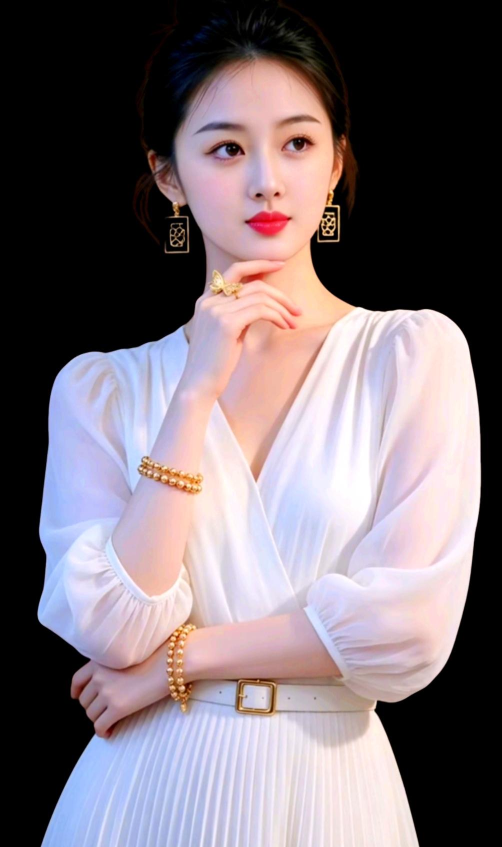 优雅白裙，金饰点缀，复古风韵，尽显女性魅力。