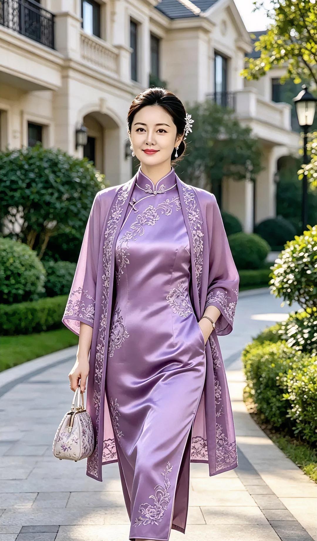阳光一筛，优雅便走了过来。

紫缎流光，绣纹轻摆。

外披柔风，手提清欢。

步