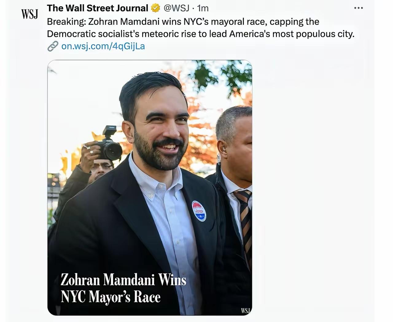 近日在纽约新一任市进行市长选举，34岁的州议员佐兰·马姆达尼当选纽约市第111任