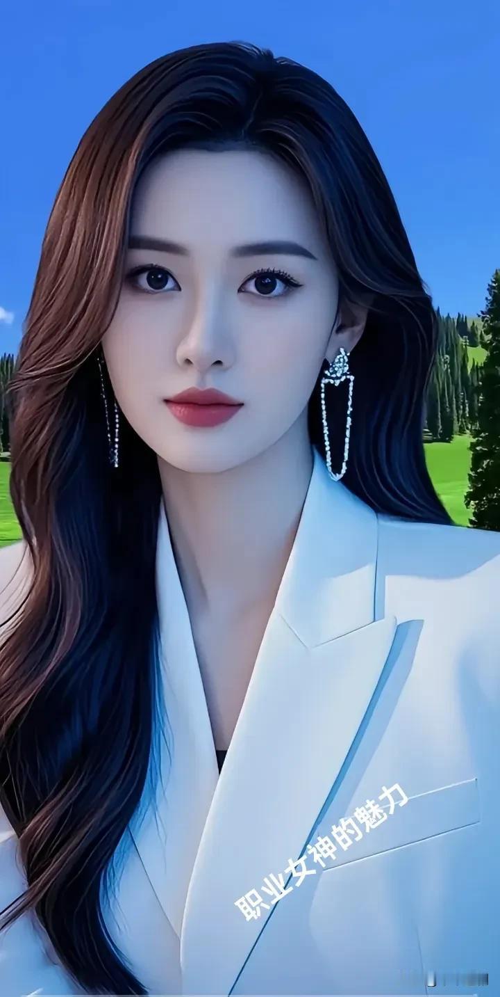 白西装干练利落，钻饰耳坠闪耀精致，长发在蓝天绿野的映衬下更显风情。她是职场中绽放