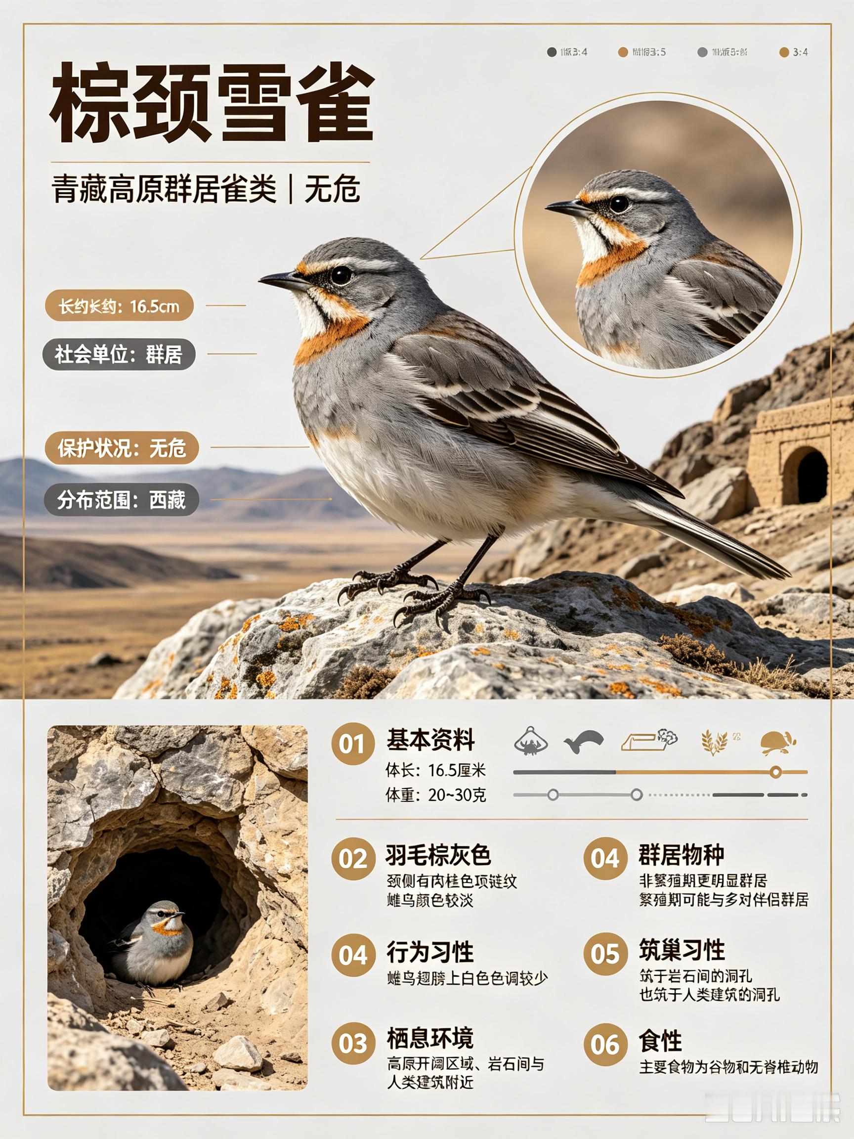 鸟类朋友图鉴 棕颈雪雀体长：16.5 厘米体重：20~30 克社会单位：群居保护