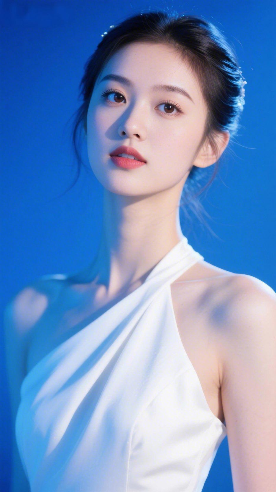 《蓝境白裙映清柔》
 
似浸在深海般的蓝幕里，她身着白裙如月光轻覆肩头，裙褶舒展