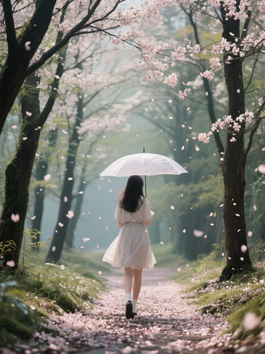 AI妙生图樱花雨中，伞下小径，落花似梦。于飘飞间，寻那时光里不逝的诗意与温柔。