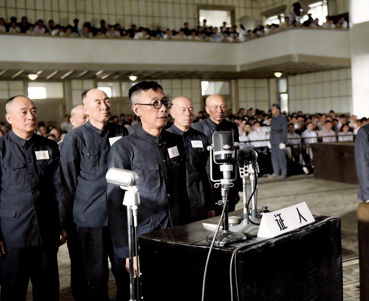这是1956年沈阳特别军事法庭上，溥仪身穿“981”号囚服出庭作证。作为最重要的
