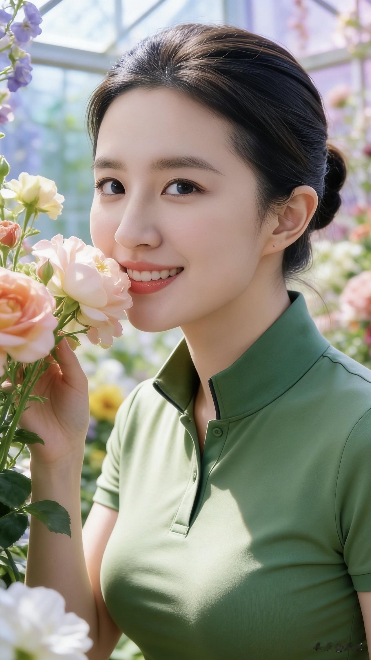 暖融融的阳光漫过花房穹顶，她捧着浅粉的玫瑰凑近鼻尖，笑意里漾着花香。嫩绿的衣摆与