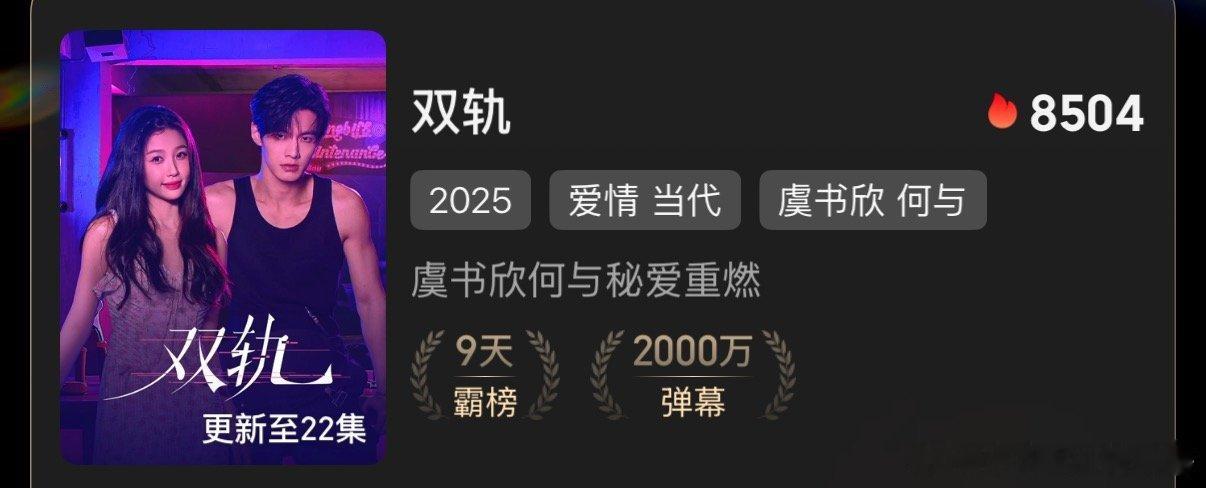 双轨播得很好，各项数据都很不错，站内热度最高8504，虞书欣的角色热度都8.67