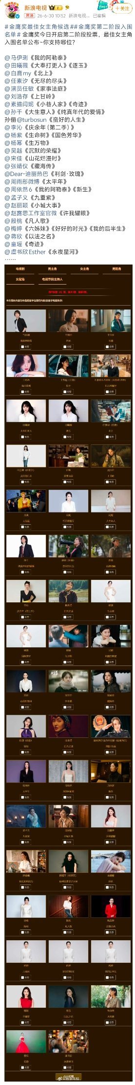 金鹰奖最佳女主角候选今年视后角逐看得我眼花缭乱，不少熟悉的演员都带着优质作品参与